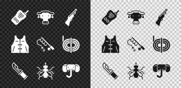 Vector illustration of Set Walkie talkie, African buffalo head, Hunting gun, Hunter knife, Mosquito, Elephant, jacket and Fishing rod icon. Vector