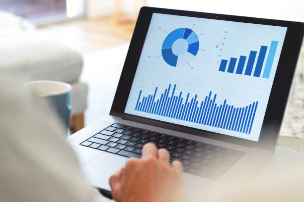 istock Man working on a computer with financial data at home. laptop showing charts and graphs 2008419469