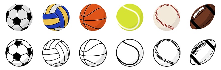 Sports balls icon set. Balls for Football, Volleyball, Basketball, Soccer, Tennis, Baseball. Vector illustration