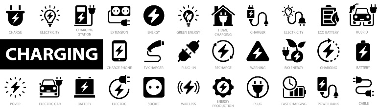 Charging icon set. Electricity icons. Battery, energy, electricity, charger, recharge, electric car, power bank, cable, green energy, charge and more. Power related icon. Vector illustration.
