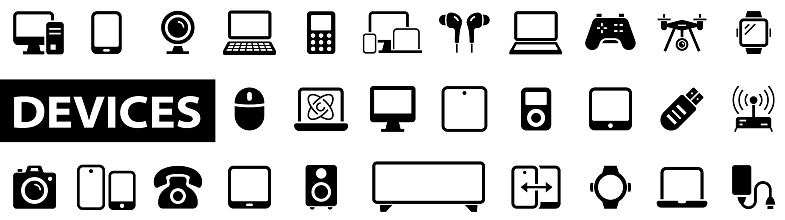 Electronics and devices icon set. Computers and mobile phones, tablet, laptop, TW screen, monitor, hardware and more in flat style. Vector illustration