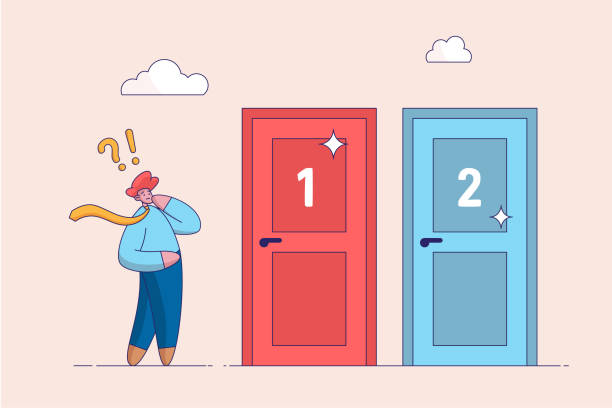 decide dilemma concept. alternatives or opportunities. making decision. difficult choice between two options. solve problem. confused man standing near two doors. choose pathway. vector illustration. - hard life stock illustrations