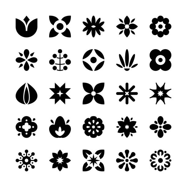 Geometric Flower Icons Monochrome abstract flower icon set. Simple flower icons. Set of simple flower graphic shapes isolated on white background. lily of the valley garden stock illustrations
