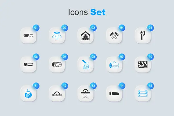 Vector illustration of Set Hand saw, Wooden log, Tree stump, Grapple crane grabbed, box, beam, Chainsaw and axe icon. Vector