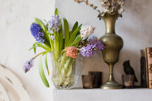 Vase with colorful hyacinth and vintage brass decor