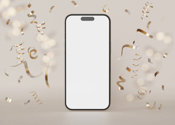 Modern smartphone mockup with blank screen surrounded by festive gold confetti, perfect for app promotion, celebration themes. Surprise, congratulations, holiday. Beige background. 3D.