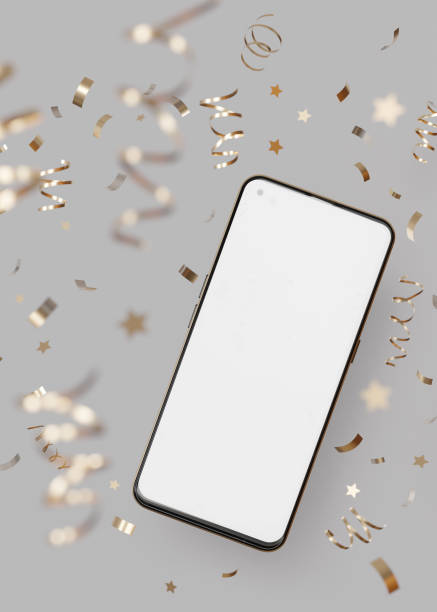 istock Modern smartphone mockup with blank screen surrounded by festive gold confetti, perfect for app promotion, celebration themes. Surprise, congratulations, holiday. Gray background. Vertical format. 3D. 2008552378