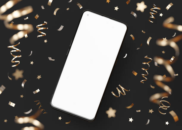 istock Modern smartphone mockup with blank screen surrounded by festive gold confetti, perfect for app promotion, celebration themes. Surprise, congratulations, holiday. Black background. 3D. 2008552380