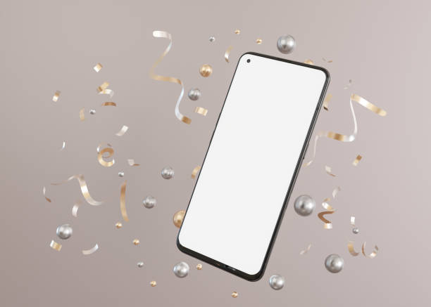 istock Elegant smartphone mockup with a blank screen floating amidst a celebratory backdrop of golden streamers and silver pearls, ideal for festive app launches. Surprise, congratulations, holiday. 3D. 2008552381