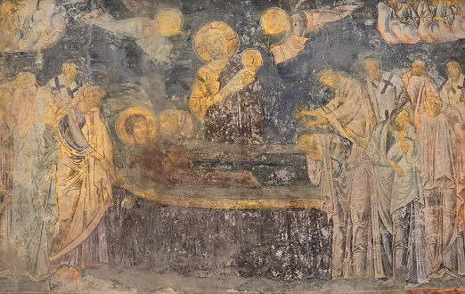 Ohrid, North Macedonia-April 19, 2019: Saint Sophia church, rebuilt by Archbishop Leo between AD 1035-1056 over a V century Christian basilica, hosts a series of frescoes from the XI to XIII centuries