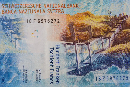 Macro shot of one hundred swiss francs banknote