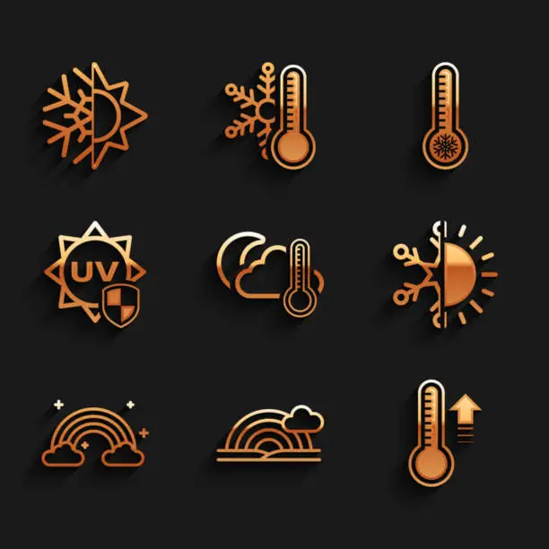 Vector illustration of Set Thermometer and cloud, moon, Rainbow with, Meteorology thermometer, Sun snowflake, clouds, UV protection, and icon. Vector