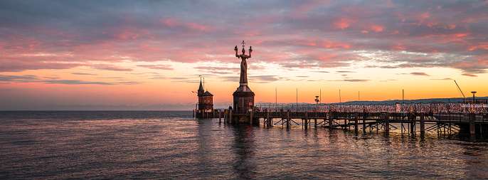 Constance, Germany - December 19, 2023: The harbor of Constance on Lake Constance in a beautiful sunset time