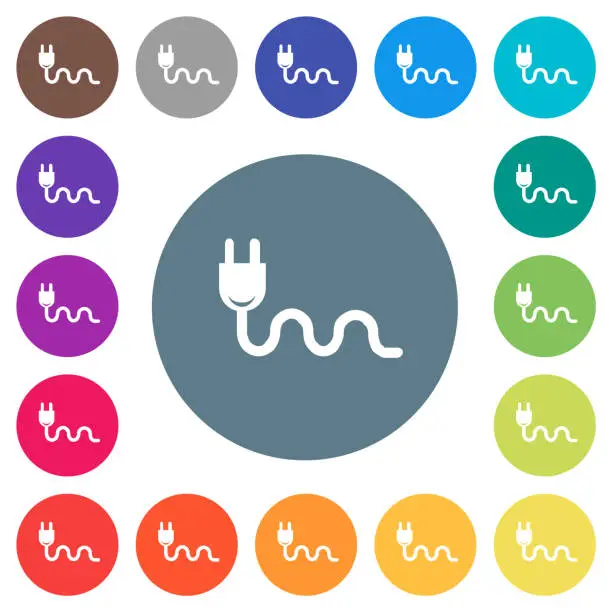 Vector illustration of Socket plug and cable solid flat white icons on round color backgrounds