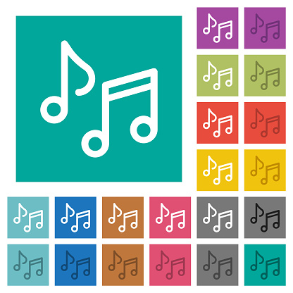 Music notes outline multi colored flat icons on plain square backgrounds. Included white and darker icon variations for hover or active effects.