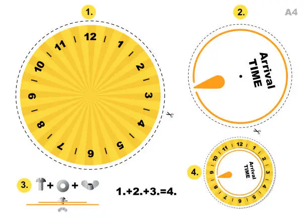 Vector illustration of Simple DIY Car Parking Disc Timer, Clock Arrival Time Display, printable A4