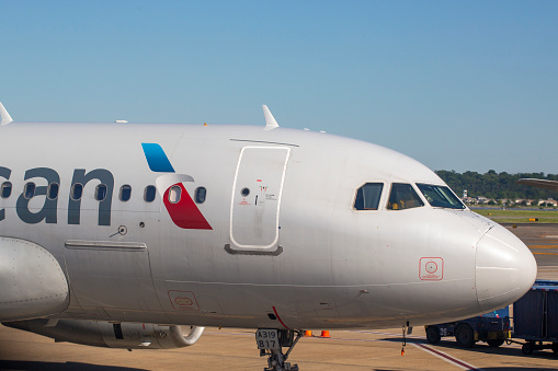 Close-up of American Airlines Airbus A319-132 aircraft with registration N817AW taxiing at Ronald Reagan Washington National Airport in May 2022