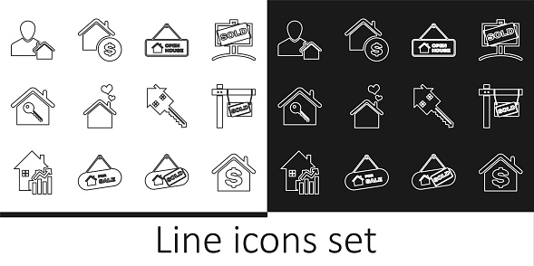 Set line House with dollar Hanging sign Sold Open house heart shape key real estate agent and icon. Vector.