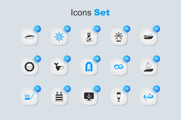 ilustrações, clipart, desenhos animados e ícones de conjunto de lentes do telescópio spyglass, baleia, volante do navio, balizador marinho com corda, caiaque e remo, veleiro de iate, lancha e ícone do motor inflável. vetor - vela peça de embarcação