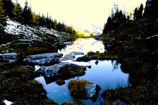 The Rocky Mountains in 1997. From old film stock.