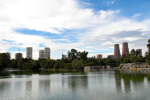 chapultepec lake in mexico city, panoramic view of chapultepec lake with blue sky