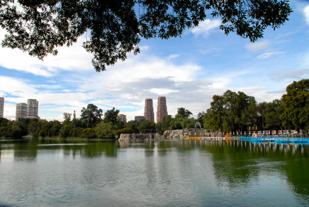 chapultepec lake in mexico city, panoramic view of chapultepec lake with blue sky