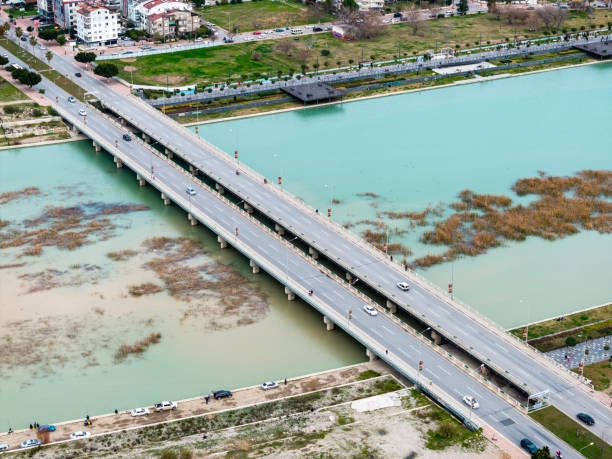 Cars on the bridge over the river. Antalya, Turkey Taken via drone.