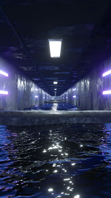Traffic through tunnel with concrete walls, neon lamps and dark water