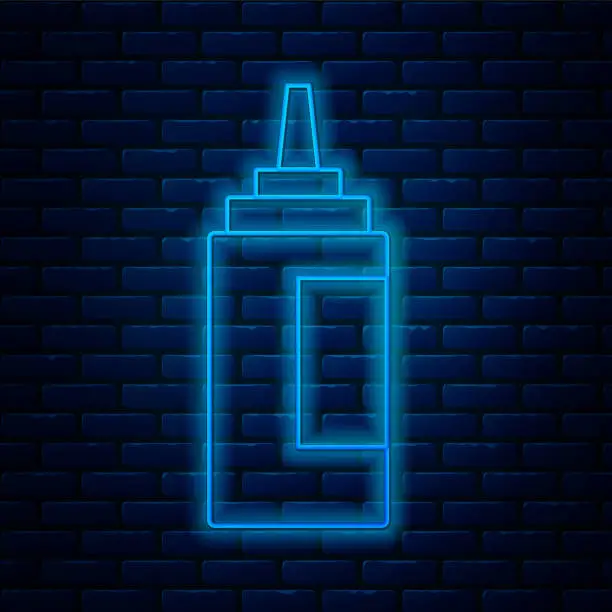 Vector illustration of Glowing neon line Sauce bottle icon isolated on brick wall background. Ketchup, mustard and mayonnaise bottles with sauce for fast food. Vector