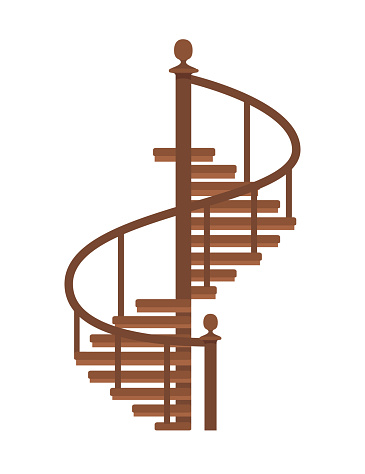 Wood spiral stairs indoor construction classic design vector illustration isolated on white background.