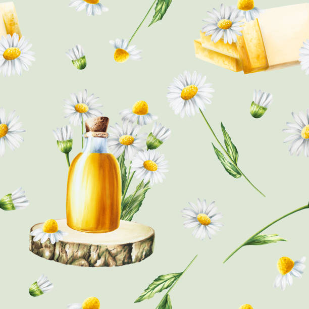 watercolor seamless pattern with white daisy flowers illustration and oil glass bottle with cork cap on a wooden saw isolated on background. chamomile. detail of beauty products and botany set, cosmetology and medicine. for designers, spa decoration - chamomile plant glass nature flower点のイラスト素材／クリップアート素材／マンガ素材／アイコン素材