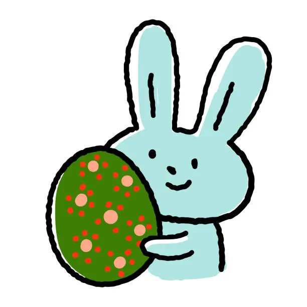 Vector illustration of Cute Rabbit Line Drawing: Holding a large Easter Egg