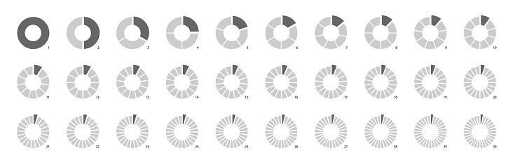 Circle pie chart as donut infographics data presentation. Charging round bar as percentage piece or part of whole. 12 and 24 segments of crossed ring