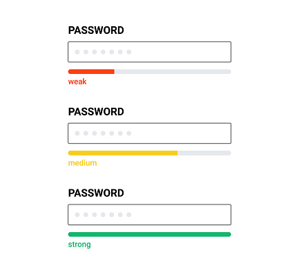Password form template strong weak box. Password computer account screen code vector interface