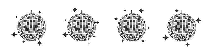 Set of mirror discoballs with glares. Shining nightclub spheres. Dance music party glitterballs. Vintage mirrorballs in 70s 80s 90s discotheque style. Nigh club symbols. Vector flat illustration