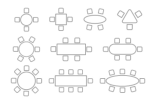 Set of layouts of seats in a restaurant, cafe, dining room. Schematic tables and chairs icons. Graphic furniture symbols. Top view of architectural seating plan. Vector outline illustration