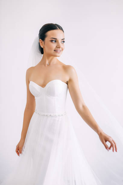 istock elegant bride in a white dress posing in a hotel room. 2008912708