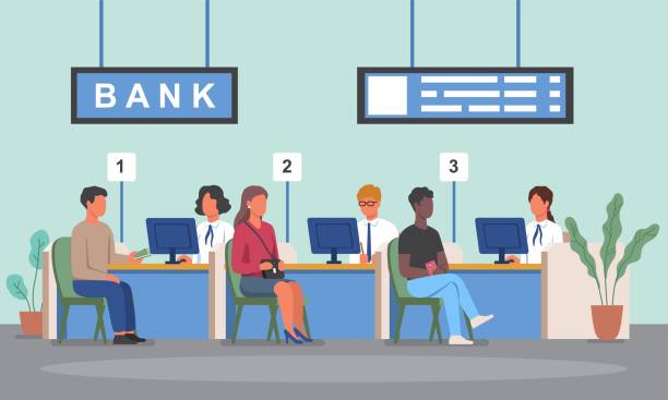 Interior of modern banking office with customers and employees Interior of modern banking office with customers and employees. The concept of providing banking services. Credit managers and consultants sit at computers and serve clients. Flat vector illustration exchange teller stock illustrations