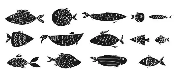 Vector illustration of Cartoon simple vector black linocut fishes