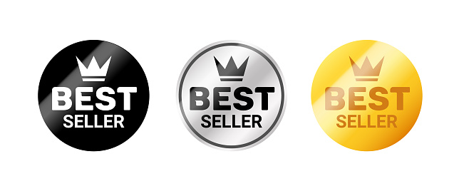 Best seller golden badge sticker sign. Vector best seller reward emblem certified winner stamp icon
