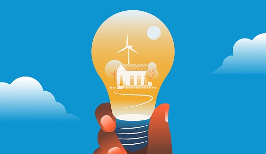 Hand holding light bulb with a house with solar panels and wind generator inside. Alternative energy, sustainability, zero waste voncept. Vector illustration.