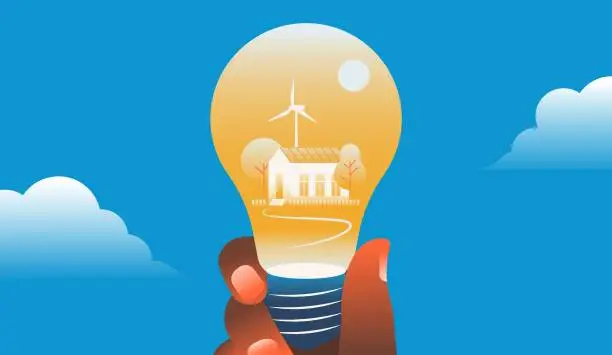 Vector illustration of Light bulb with a house with solar panels and wind generator inside