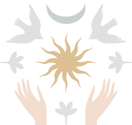 Vector hand-drawn symmetrical illustration with bird, flower, sun and woman's hands. Ethnic ornamental composition  isolated on a white background.