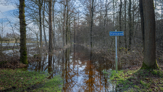 Completely flooded cycle path after weeks of heavy rainfall due to climate change, in the forests of the municipality of Hardenberg, province of Overijssel, the Netherlands