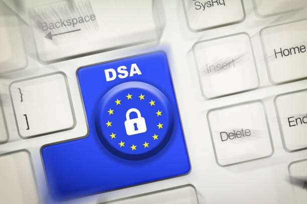 istock Digital services act (DSA) concept: enter key on computer keyboard with europe flag, padlock symbol and the text 
