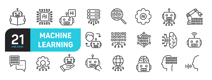 Set of line icons related to machine learning, artificial intelligence, ai, technology. Outline icons collection. Editable stroke. Vector illustration.