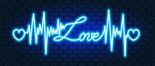 Vector illustration of Love. The text is decorated with a pulse and hearts. Blue neon glow. Isolated blue brick background.