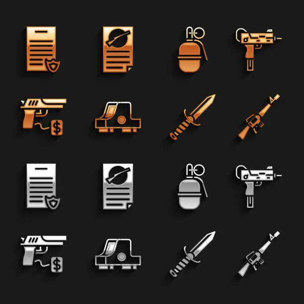 Vector illustration of Set Collimator sight, UZI submachine gun, M16A1 rifle, Military knife, Buying pistol, Hand grenade, Firearms license certificate and icon. Vector