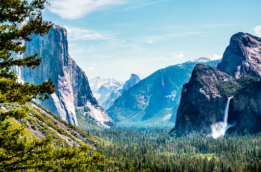 Yosemite national park, California, Tunnel View with Capitan and waterfall. Beautiful famous park of USA