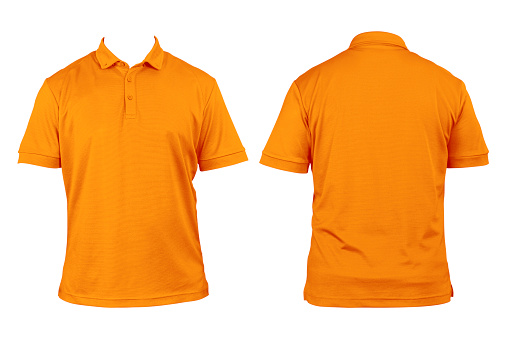 Blank clothing for design. Orange polo shirt, clothing on isolated white background, front and back view, isolated white, plain t-shirt. Mockup. Printable polo shirt design presentation,clipping path.
